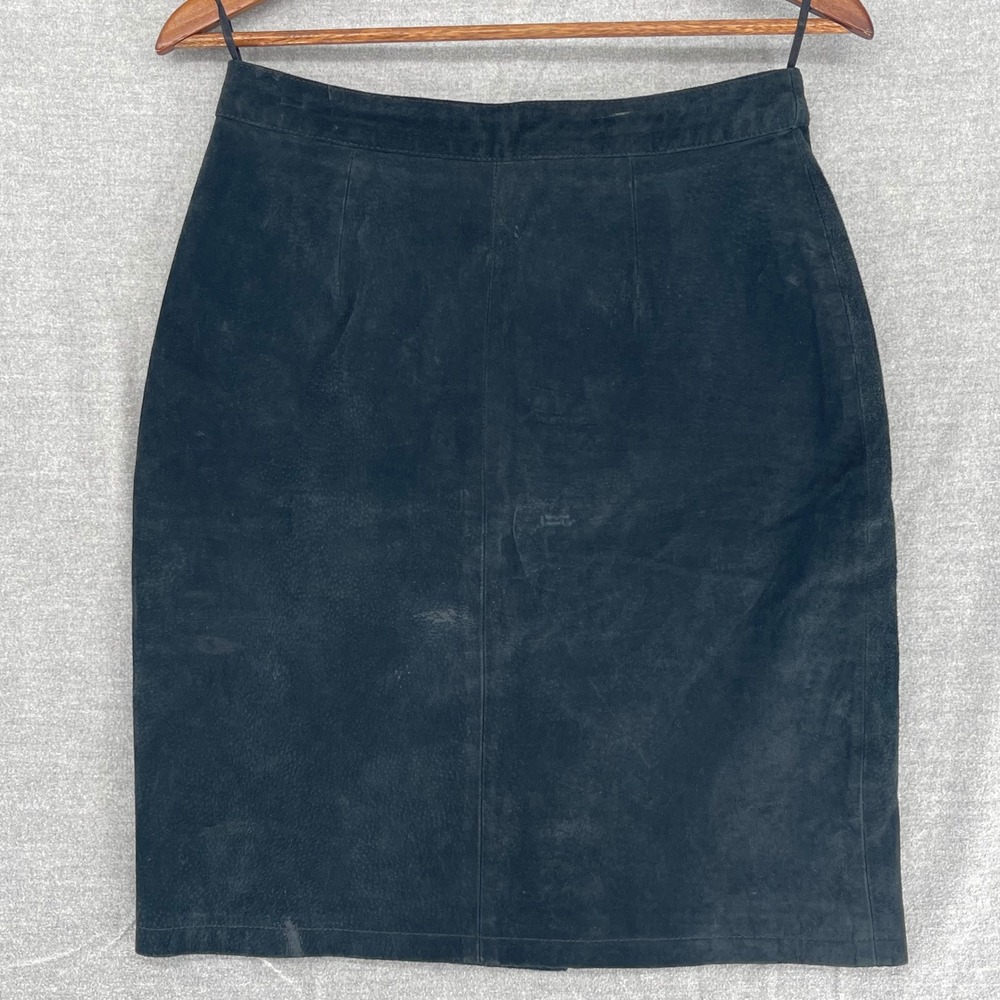 VTG Black Suede Leather Pencil Skirt High Waist Snap Vent Size 11/12 Goth Grunge